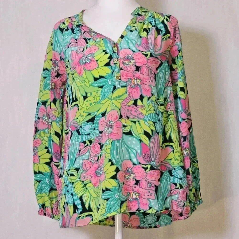 Lily Pulitzer 100% Silk Elsa Skip On It The Frog-Floral Print Blouse SZ XS